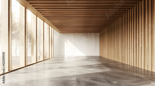 An elegant hallway featuring vertical wood panels  large windows  and a sunlit floor  invoking a sense of calm and simplicity