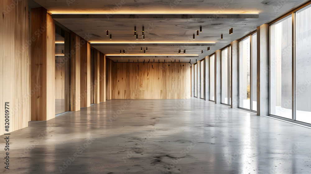This image captures a spacious modern interior with wooden walls and ceiling, and large windows allowing natural light This image captures a spacious modern interior with wooden walls and ceiling, and large windows allowing natural light
