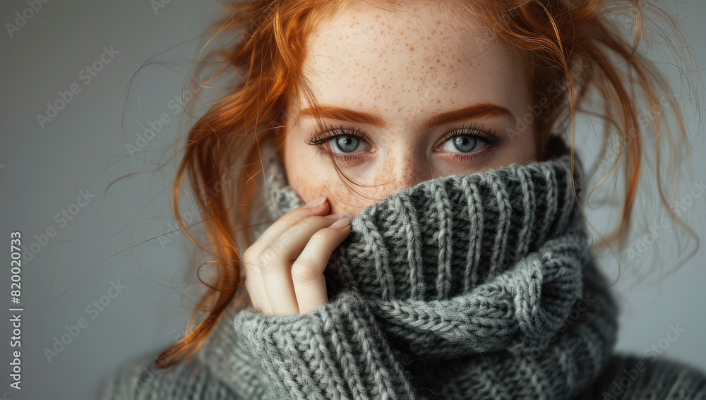 portrait of red-haired young woman hiding in her grey sweater portrait of red-haired young woman hiding in her grey sweater