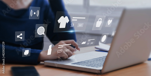 Live shop ecommerce store concept, sales marketing selling products online live on streaming platform, sales business person advertisement strategy using laptop with graphic icon.