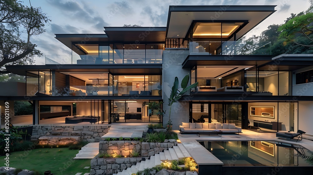 Obraz premium Serene Modern Living: A Stunning Contemporary House Embracing Elegance and Design Excellence - Captured in Vibrant Detail [Image ID: EDC5F]