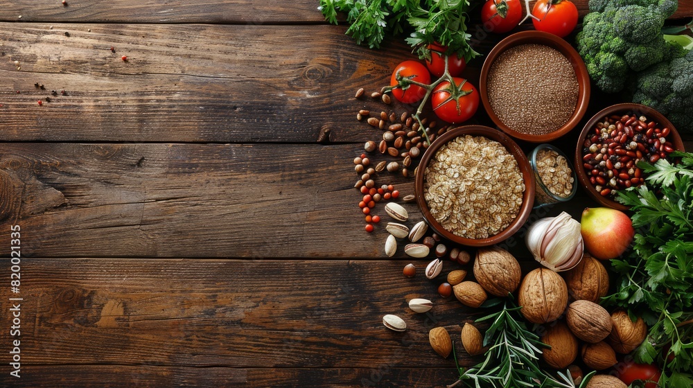 Flat lay design of a balanced diet fresh produce, nuts, seeds, and whole grains arranged on a wooden table, with copy space. Flat lay design of a balanced diet fresh produce, nuts, seeds, and whole grains arranged on a wooden table, with copy space.