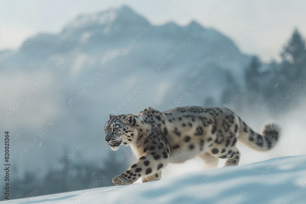 A snow leopard running through the snow in its mountain habitat. Horizontal. Space for copy. A snow leopard running through the snow in its mountain habitat. Horizontal. Space for copy.