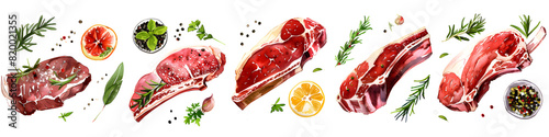 A variety of raw steaks with fresh herbs, lemon, and spices isolated on white background, ideal for culinary themes