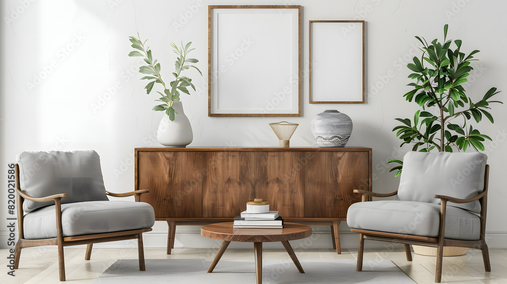 Serene living room arrangement with mid-century furniture and matching empty frames on a white wall
