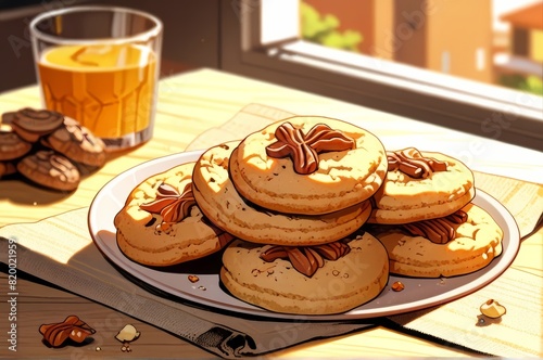 Honeysoaked cookies on table, sunlight, window side, Anime style illustration, anime background, manga, vibrant, cartoon vector art photo