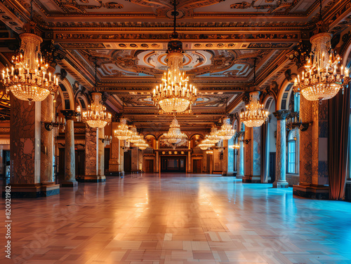 A large ballroom with a high ceiling and many chandeliers. The floor is made of highly reflective marble tiles.