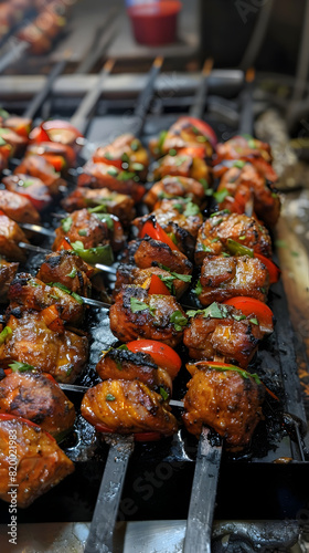 delicious pieces of kebab with onions and vegetables on skewers
