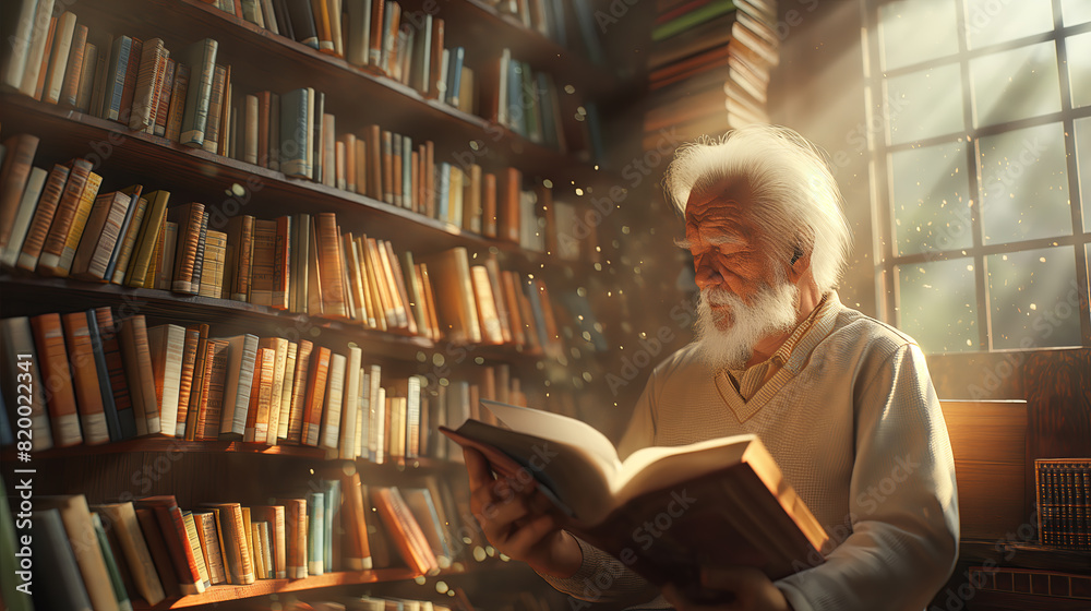 Elderly Man Reading a Book in a Sunlit Library Full of Books Elderly Man Reading a Book in a Sunlit Library Full of Books