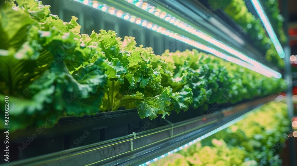 Large vertical farm with LED lights growing lettuce Large vertical farm with LED lights growing lettuce