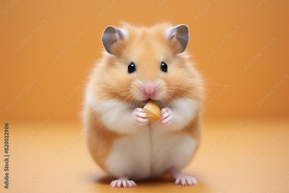 A fluffy light-brown and white hamster with tiny paws holds a snack against an orange background, looking adorably into the camera. A fluffy light-brown and white hamster with tiny paws holds a snack against an orange background, looking adorably into the camera.