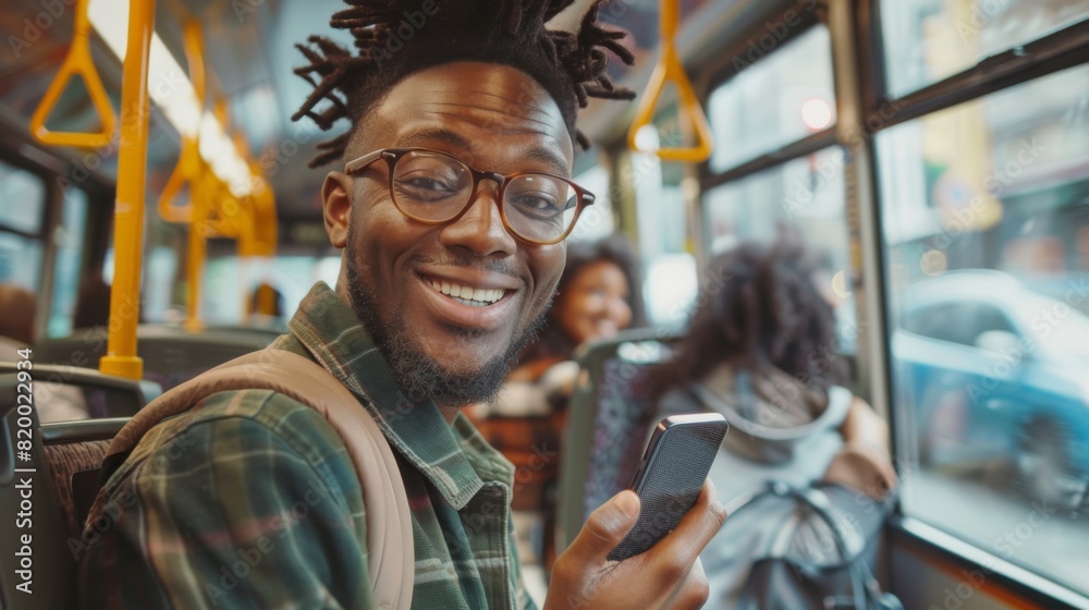Obraz premium Smiling Man Riding the Bus