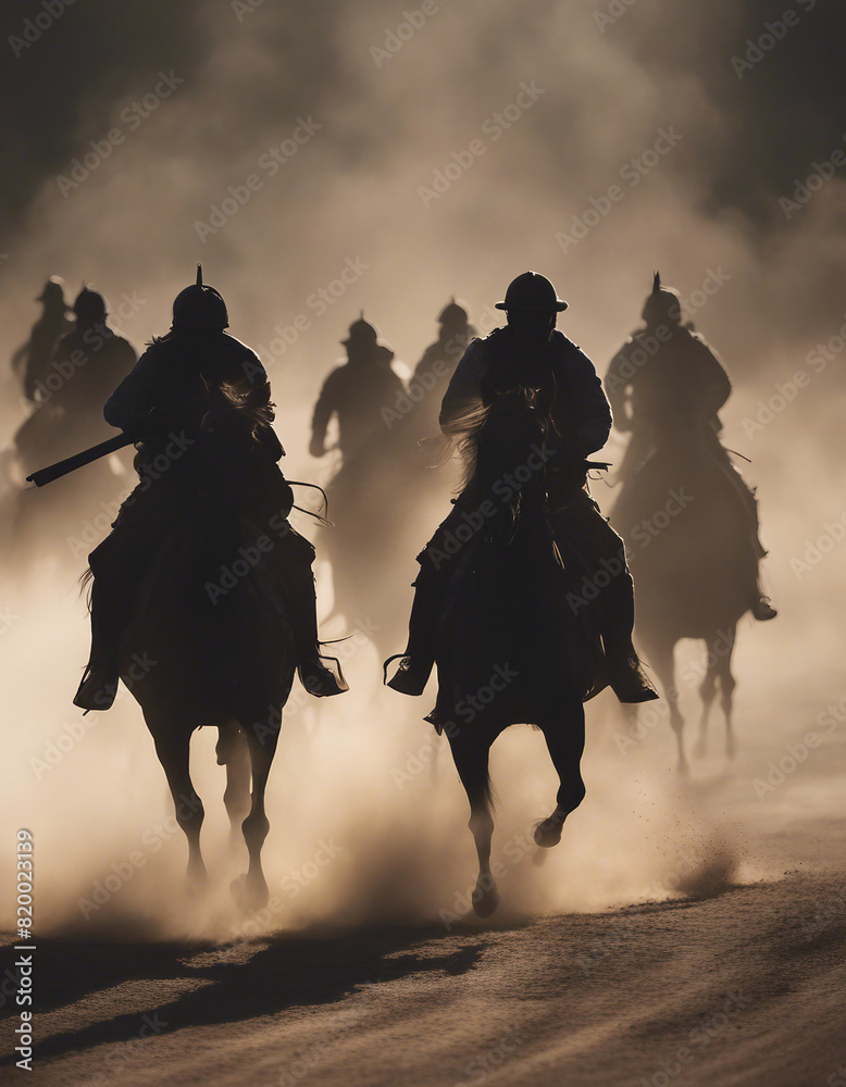the silhouette of cavalry coming out of the dust and smoke
