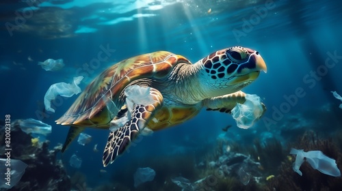 An underwater scene featuring a sea turtle swimming amidst plastic debris  highlighting ocean pollution and its impact on marine life.