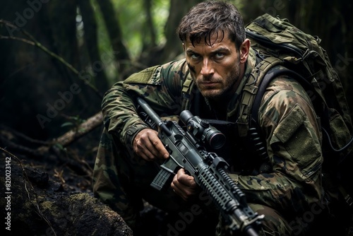 A man in camouflage gear and a tactical vest holds a rifle while crouching in a dense forest, looking intensely ahead.