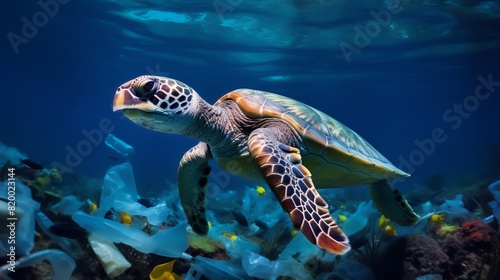 A sea turtle swims through polluted waters filled with plastic debris and other waste, highlighting the environmental impact on marine life.