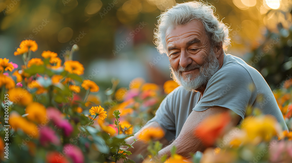 Elderly Man Enjoying Gardening at Sunset Amongst Vibrant Flowers Elderly Man Enjoying Gardening at Sunset Amongst Vibrant Flowers