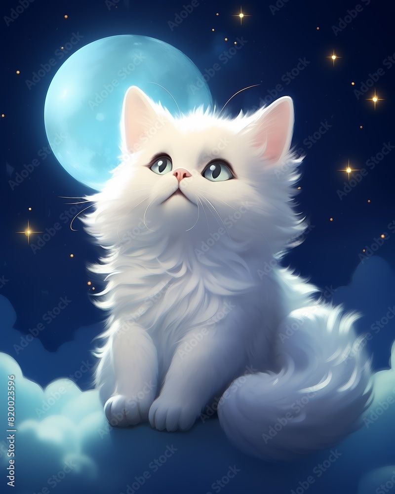 A fluffy white kitten gazes up at a glowing moon in the night sky, surrounded by stars and clouds.