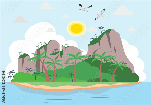 Cartoon tropical island with palm trees. mountains  blue ocean  flowers and vines. Summer Vacation Tropical Ocean Island Flat Vector Illustration 