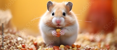 A cute hamster sits surrounded by seeds, holding one in its tiny paws, with a warm, blurred background. © InnovPixel