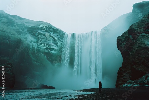 Icelandic waterfalls a person standing in the water around a waterfall photo