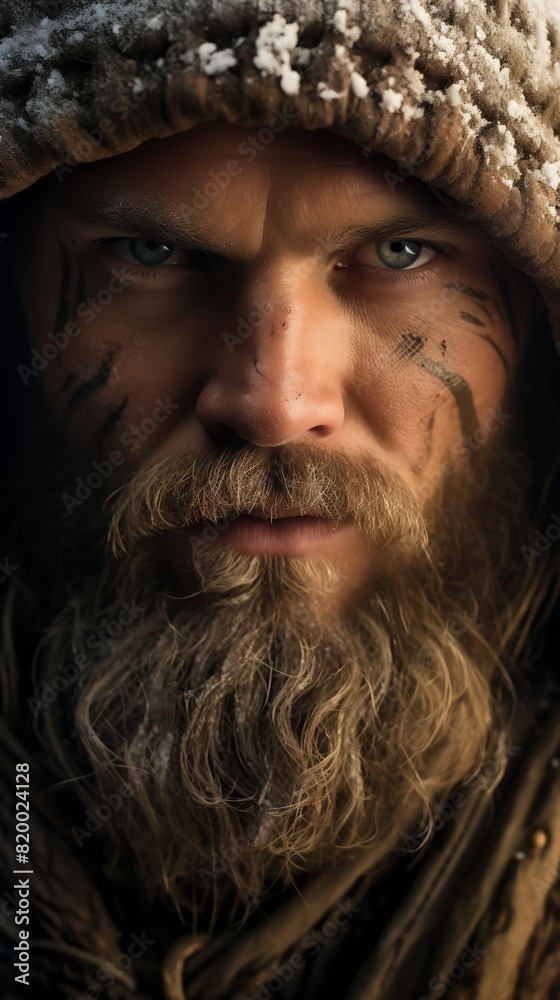 A rugged man with a frosty beard and intense blue eyes stares forward. He wears a fur-lined hood and has tribal tattoos on his face. A rugged man with a frosty beard and intense blue eyes stares forward. He wears a fur-lined hood and has tribal tattoos on his face.