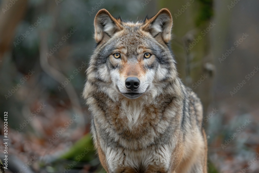 Digital image of  male grey wolf is standing near some woods, high quality, high resolution
