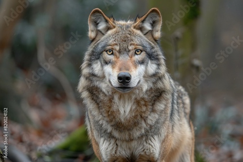 Digital image of  male grey wolf is standing near some woods, high quality, high resolution