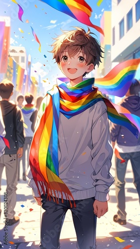 A boy wearing rainbow pride style scarf, smiling joyfully, pride celebration, Anime style illustration, anime background, manga, vibrant, cartoon vector art
