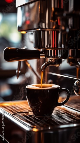 A close-up of an espresso machine pouring fresh coffee into a black cup  in a cozy  warmly lit caf   environment.