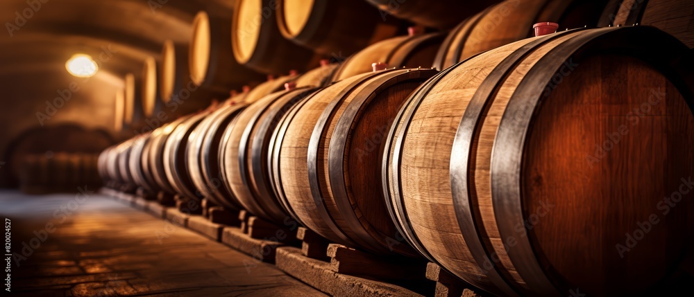 A dimly lit wine cellar filled with rows of large wooden barrels, aging wine in a serene and quiet atmosphere. A dimly lit wine cellar filled with rows of large wooden barrels, aging wine in a serene and quiet atmosphere.