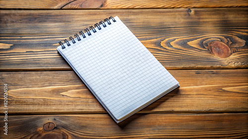 A blank notepad placed on a wooden table, suitable for jotting down ideas or presenting sketches photo