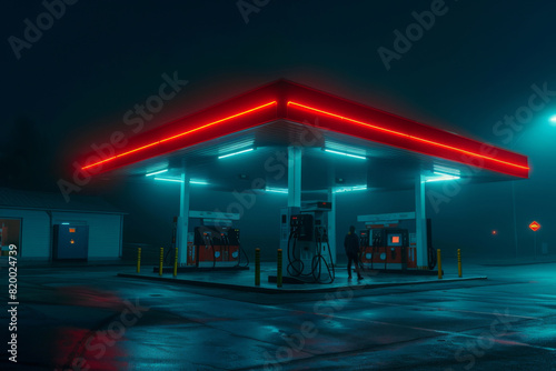 A gas station with neon lights and a person standing in front of it