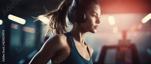 A focused woman wearing headphones is running on a treadmill in a dimly lit gym, illuminated by soft lighting that creates a motivational ambiance.