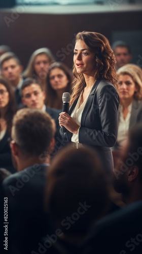 A woman in a business suit speaks confidently into a microphone, addressing an attentive audience in a professional setting.