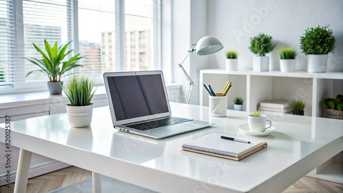 A sleek white desk with a laptop and office supplies  perfect for a professional background.