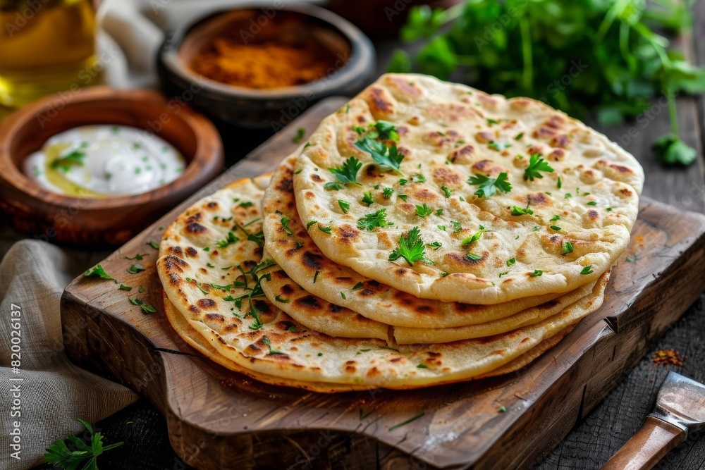 Indian flatbread stuffed with potatoes, aloo paratha, served with butter or curd. Concept Recipe, Indian cuisine, Vegetarian, Stuffed bread, Homemade Indian flatbread stuffed with potatoes, aloo paratha, served with butter or curd. Concept Recipe, Indian cuisine, Vegetarian, Stuffed bread, Homemade