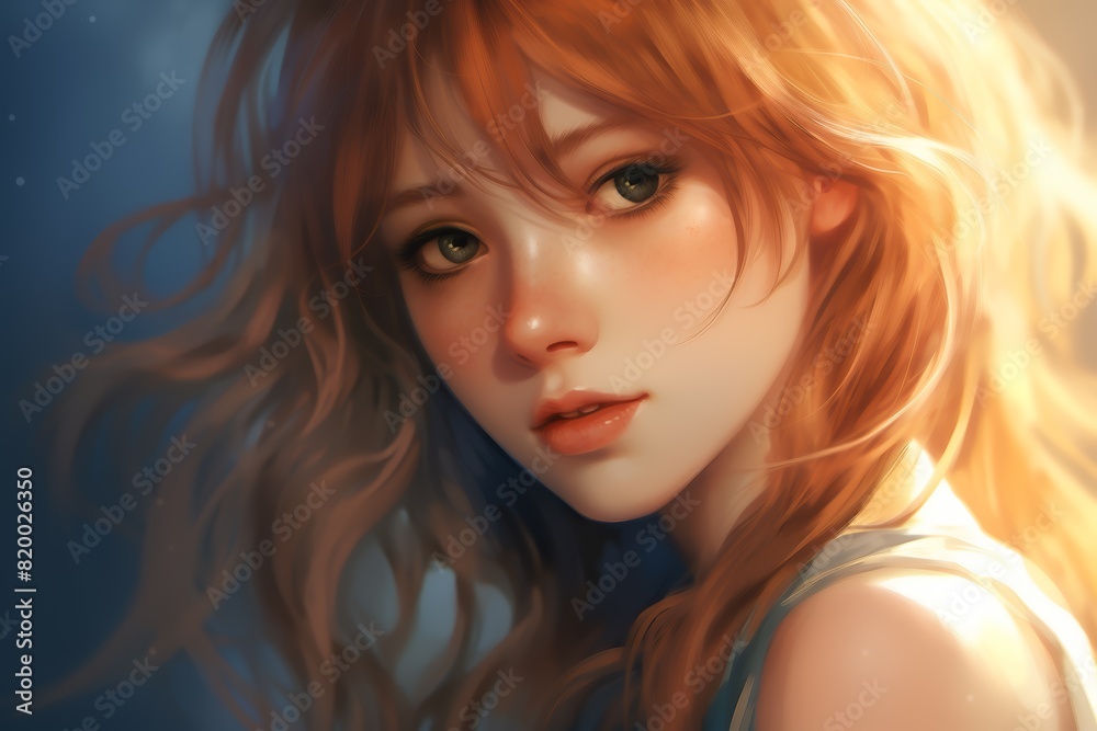 Brief A digital painting of a young woman with long, wavy hair. She has a thoughtful and soft expression with a serene background.