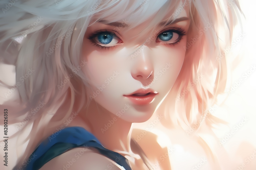 A digitally painted anime-inspired character with platinum blonde hair and blue eyes, soft lighting enhances the delicate features. A digitally painted anime-inspired character with platinum blonde hair and blue eyes, soft lighting enhances the delicate features.
