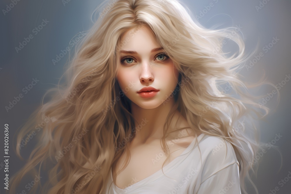 A young woman with long, flowing blonde hair and green eyes is portrayed in a soft, ethereal light, wearing a simple white top. A young woman with long, flowing blonde hair and green eyes is portrayed in a soft, ethereal light, wearing a simple white top.