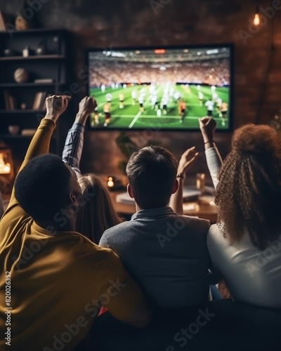 A group of friends excitedly watches a soccer match on TV, raising their fists in celebration in a cozy, dimly-lit room.