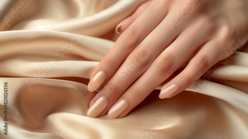 Wallpaper Mural An impeccably manicured hand, adorned with elegant beige nails, delicately poised against a backdrop of smooth beige silk, exuding sophistication and refinement. Torontodigital.ca