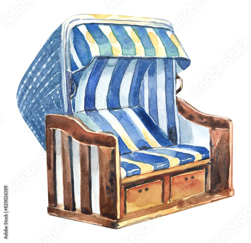 Hello summer watercolor elements. Beach clipart with white blue striped  beach chairs.  Stock illustration. Hand painted.