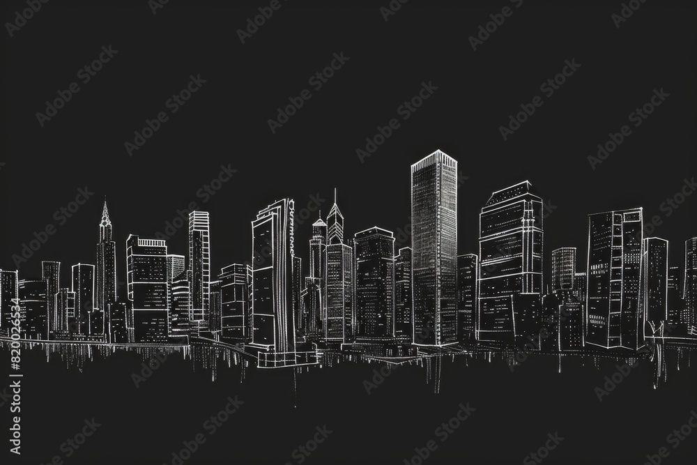 A drawing of a city skyline with skyscrapers and buildings