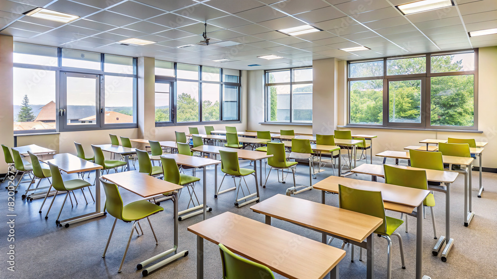 An empty classroom with rows of desks and chairs, perfect for educational presentations or training materials