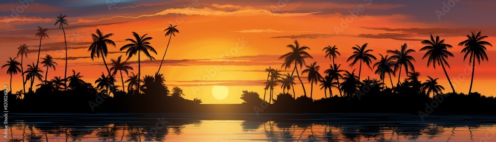 A stunning sunset over a tropical island with palm trees silhouetted against an orange sky, reflecting on calm waters.