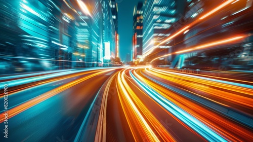 High speed car motion blur light trail on city street with skyscrapers in the background. business concept of fast movement and energy in an urban area.