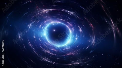 An ethereal blue and pink portal-like swirl in space, possibly representing a black hole or wormhole, surrounded by cosmic dust and stars.