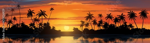 A stunning sunset over a tropical island with palm trees silhouetted against an orange sky, reflecting on calm waters.