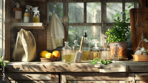 Home cleaning scene with glass spray bottles  wooden brushes  and homemade cleaners in jars  rustic kitchen backdrop  closeup